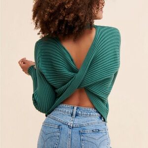 Anthropologie Twisted Open-Back Ribbed Sweater in Teal Green